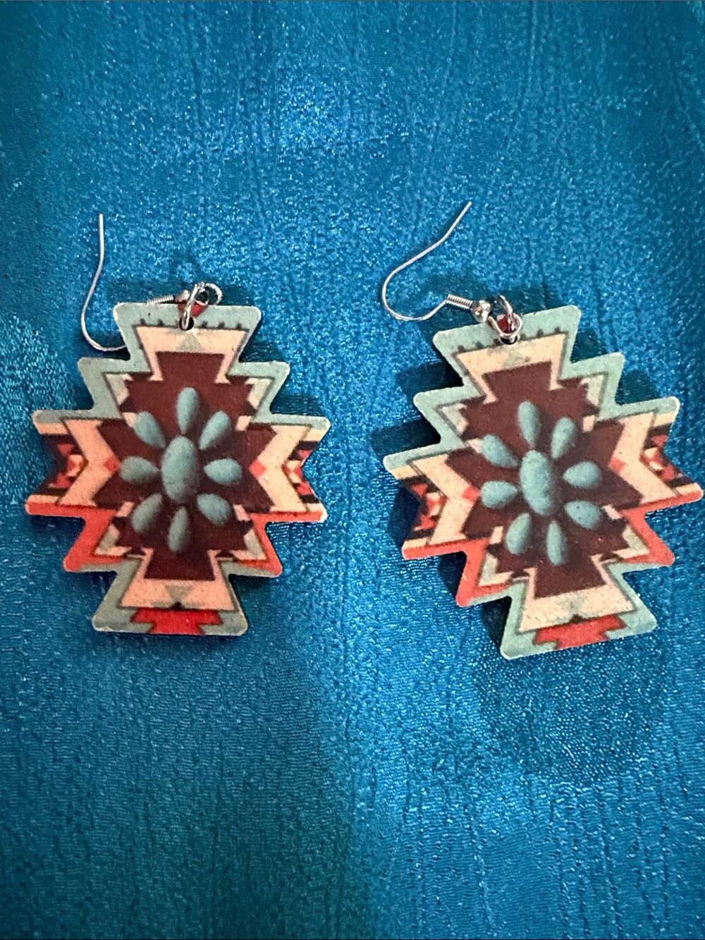 Boho Teal and Coral Geometric Drop Earrings